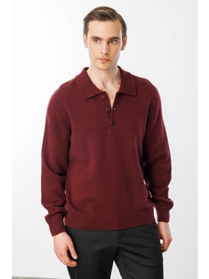 Desen Triko Erkek Polo Yaka Basic Yün Kazak Bordo