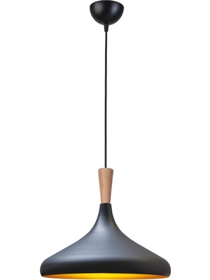 Nil Modern Tasarım Ahşap Detaylı Metal Cafe - Mutfak Siyah Renk Tekli Avize (35 Cm)