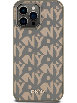Dkny Apple iPhone 14 Pro Max Kılıf Lisanslı Magsafe Şarj Özellikli 3D Yazılı Grid Pattern Kapak Kahverengi