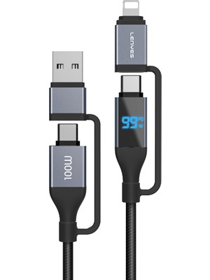 Lenyes LC542 Dijital Göstergeli 4in1 Usb-A - Type-C + Type-C To Lightning 100W 1m Siyah