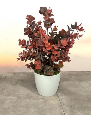 Yapay Çiçek Beyaz Saksıda Okaliptus Şimşir Demeti Pudralı Pastel Bordo Dekoratif Yapay Bitki