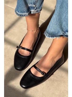 Elva Ön Bant Detaylı  Deri Kadın Babet Siyah