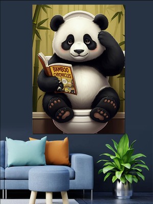 Gazete Okuyan Panda Dekoratif Kanvas - Mdf Ahşap Tablo
