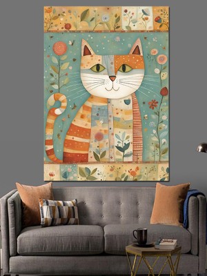 Patchwork Kedi Deseni Dekoratif Kanvas - Mdf Ahşap Tablo