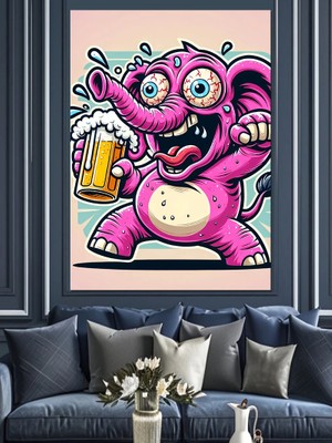 Pembe Fil Maskotu Dekoratif Kanvas - Mdf Ahşap Tablo