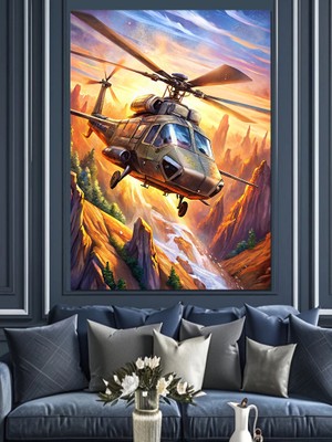 Askeri Helikopter Çizimi Dekoratif Kanvas - Mdf Ahşap Tablo
