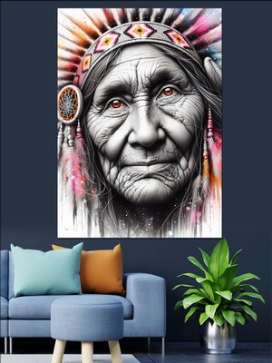 Kızılderili Yaşlı Kadın Dekoratif Kanvas - Mdf Ahşap Tablo