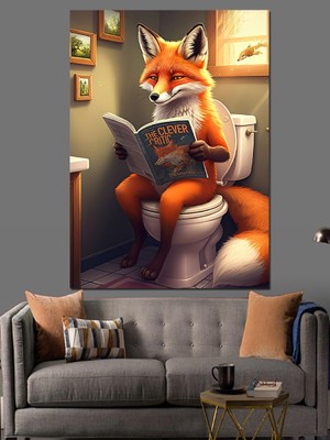 Gazete Okuyan Tilki Dekoratif Kanvas - Mdf Ahşap Tablo