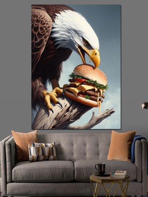 Hamburger Yiyen Kartal Dekoratif Kanvas - Mdf Ahşap Tablo