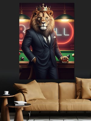 Bilardo Masasında Aslan Dekoratif Kanvas - Mdf Ahşap Tablo