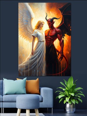 Melek ve Şeytan Dekoratif Kanvas - Mdf Ahşap Tablo