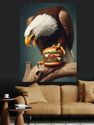 Burger Yiyen Kartal Dekoratif Kanvas - Mdf Ahşap Tablo