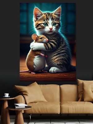 Patilerini Birleştirmiş Kedi Dekoratif Kanvas - Mdf Ahşap Tablo