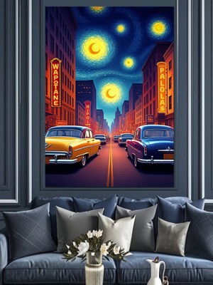 Yıldızlı Gece Şehir Dekoratif Kanvas - Mdf Ahşap Tablo