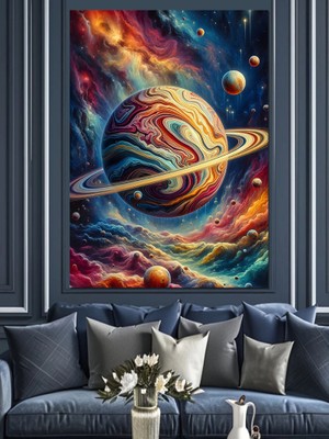 Renkli Uzay Gezegen Çizimi Dekoratif Kanvas - Mdf Ahşap Tablo