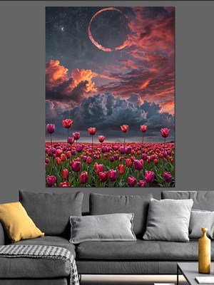 Kırmızı Tarlada Ay Dekoratif Kanvas - Mdf Ahşap Tablo