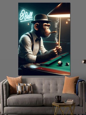 Bilardo Oynayan Maymun Dekoratif Kanvas - Mdf Ahşap Tablo