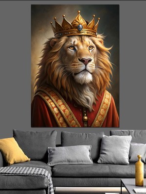 Taçlı Aslan Kral Dekoratif Kanvas - Mdf Ahşap Tablo