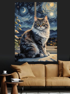 Van Gogh Tarzı Kedi Dekoratif Kanvas - Mdf Ahşap Tablo