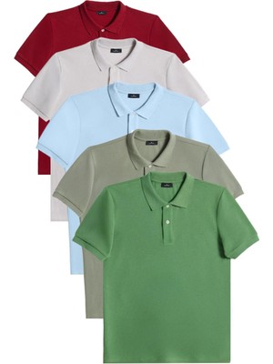 Erkek 5'li Paket Bordo-Gri-Mavi-Haki-Çimen Yeşili Slim Fit Pamuklu Düz Pike Polo Yaka Tişört
