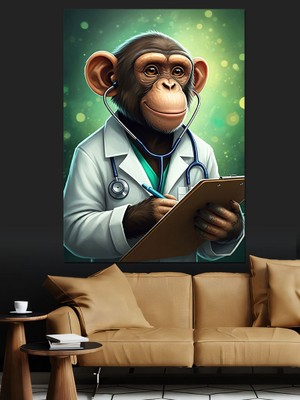 Doktor Şempanze Dekoratif Kanvas - Mdf Ahşap Tablo