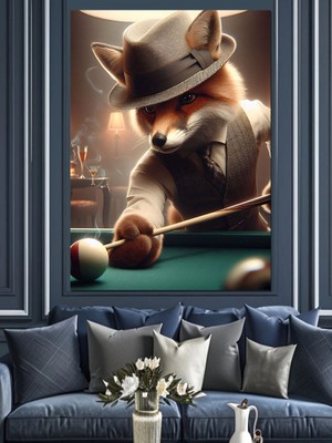 Bilardo Oynayan Tilki Dekoratif Kanvas - Mdf Ahşap Tablo