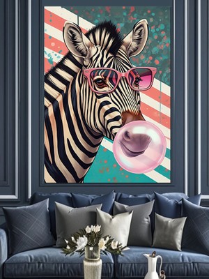 Sakız Çiğneyen Zebra Dekoratif Kanvas - Mdf Ahşap Tablo