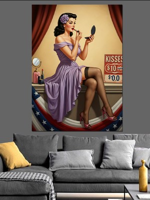 Retro Öpücük Kadını Dekoratif Kanvas - Mdf Ahşap Tablo