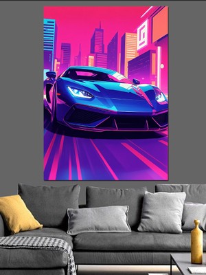 Neon Araba Dekoratif Kanvas - Mdf Ahşap Tablo