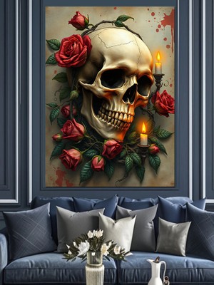 Kafatası ve Kırmızı Güller Dekoratif Kanvas - Mdf Ahşap Tablo