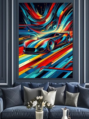 Neon Yarış Arabası Dekoratif Kanvas - Mdf Ahşap Tablo
