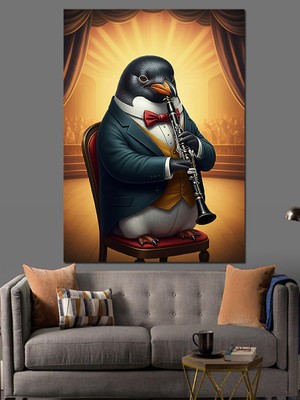 Klarinet Çalan Penguen Dekoratif Kanvas - Mdf Ahşap Tablo