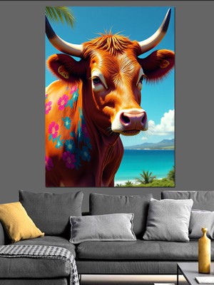 Mavi Gözlü Sevimli Inek Dekoratif Kanvas - Mdf Ahşap Tablo