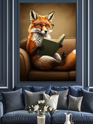 Kitap Okuyan Tilki Dekoratif Kanvas - Mdf Ahşap Tablo