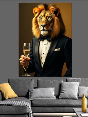 Şık Aslan Şarapla Dekoratif Kanvas - Mdf Ahşap Tablo