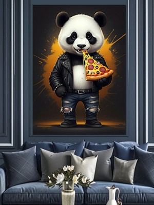 Pizza Yiyen Panda Dekoratif Kanvas - Mdf Ahşap Tablo