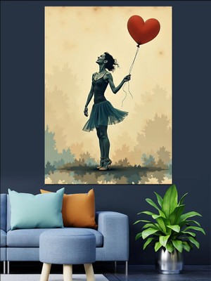 Kalpli Balon Tutmuş Dans Eden Kadın Dekoratif Kanvas - Mdf Ahşap Tablo