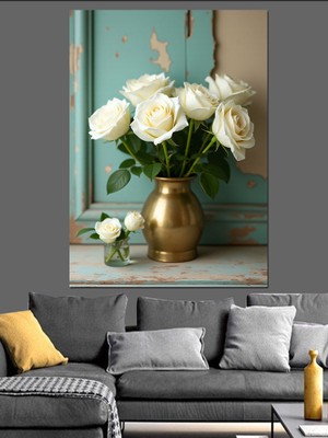 Beyaz Vazoda Güller Dekoratif Kanvas - Mdf Ahşap Tablo