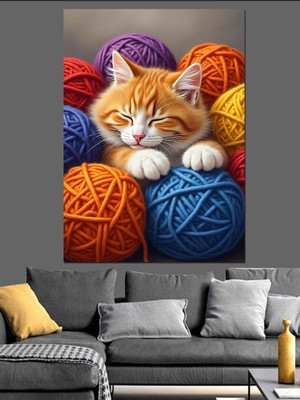 Ip Yumağında Yatan Kedi Dekoratif Kanvas - Mdf Ahşap Tablo