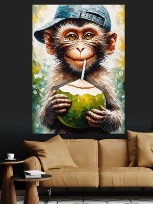 Hindistan Cevizi Yiyen Maymun Dekoratif Kanvas - Mdf Ahşap Tablo