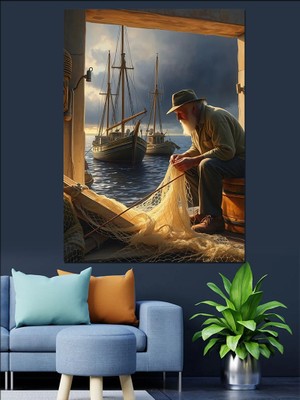 Ağ Tamir Eden Balıkçı Dekoratif Kanvas - Mdf Ahşap Tablo