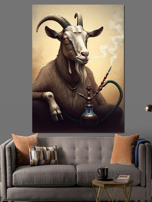 Nargile Içen Keçi Dekoratif Kanvas - Mdf Ahşap Tablo