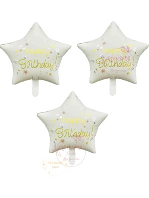 Rönesans Krem Renk Happy Bırthday Yazılı Yıldız Folyo Balon 3 Adet