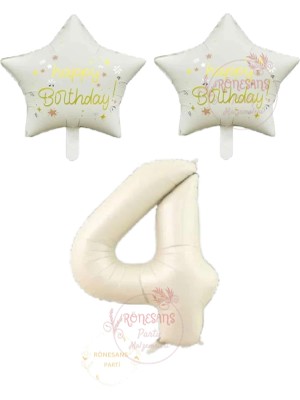 Rönesans Bej Rakam ve Happy Bırthday Yazılı Yıldız Folyo Balon Seti Yaş 4