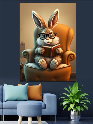 Kitap Okuyan Tavşan Dekoratif Kanvas - Mdf Ahşap Tablo