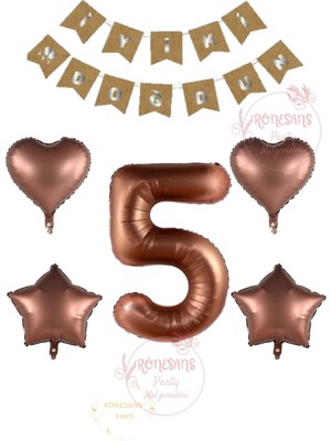 Rönesans Iyiki Doğdun Yazılı Kahverengi Renk Rakam Kalp ve Yıldız Folyo Balon Seti Yaş 5