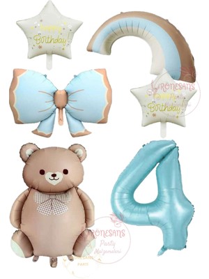 Rönesans Mavi Renk Fiyonk Rakam Gökkuşağı Yıldız ve Karamel Renk Ayıcıklı Folyo Balon Seti Yaş 4