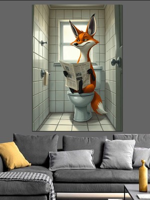 Tuvalette Gazete Okuyan Tilki Dekoratif Kanvas - Mdf Ahşap Tablo