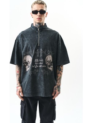 Erkek Still Alive Baskılı Yarım Fermuarlı Yıkamalı Oversize T-Shirt Siyah