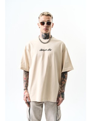 Respire Erkek Destroy Baskılı Oversize T-Shirt Bej